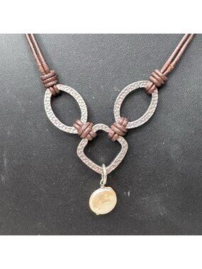 Silpada N1257 Sterling 925 Silver 18” Hammered Necklace Leather Cord Coin Pearl